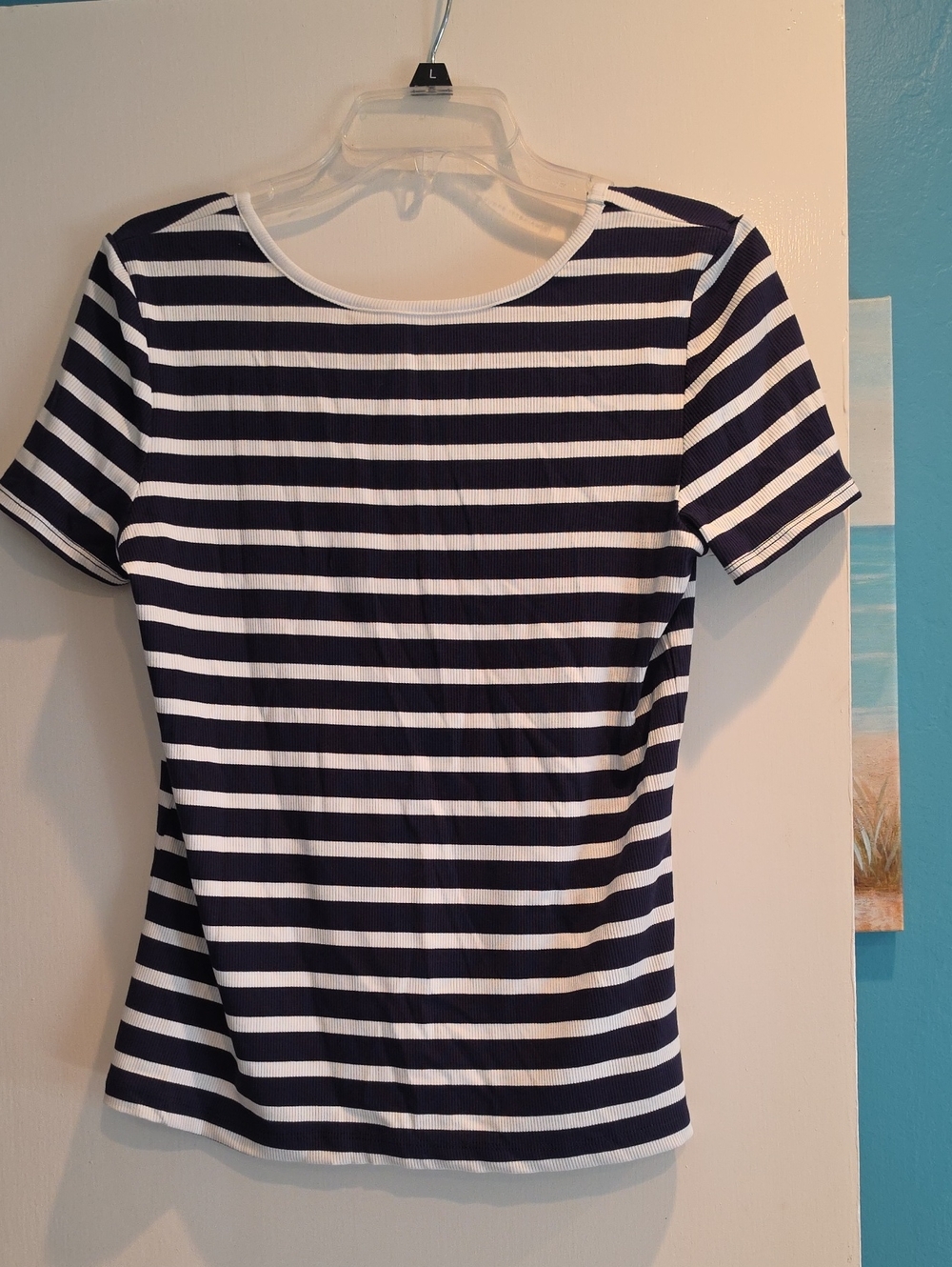 Tahari Navy & White Striped Short Sleeve Top